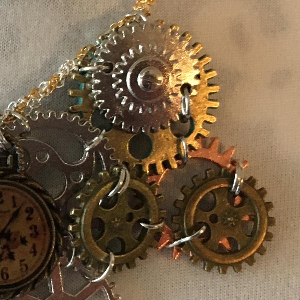 SOLD—Steampunk Handmade Steamer Mixed Metal Bib Necklace with Gears, Clocks - Picture 7 of 16